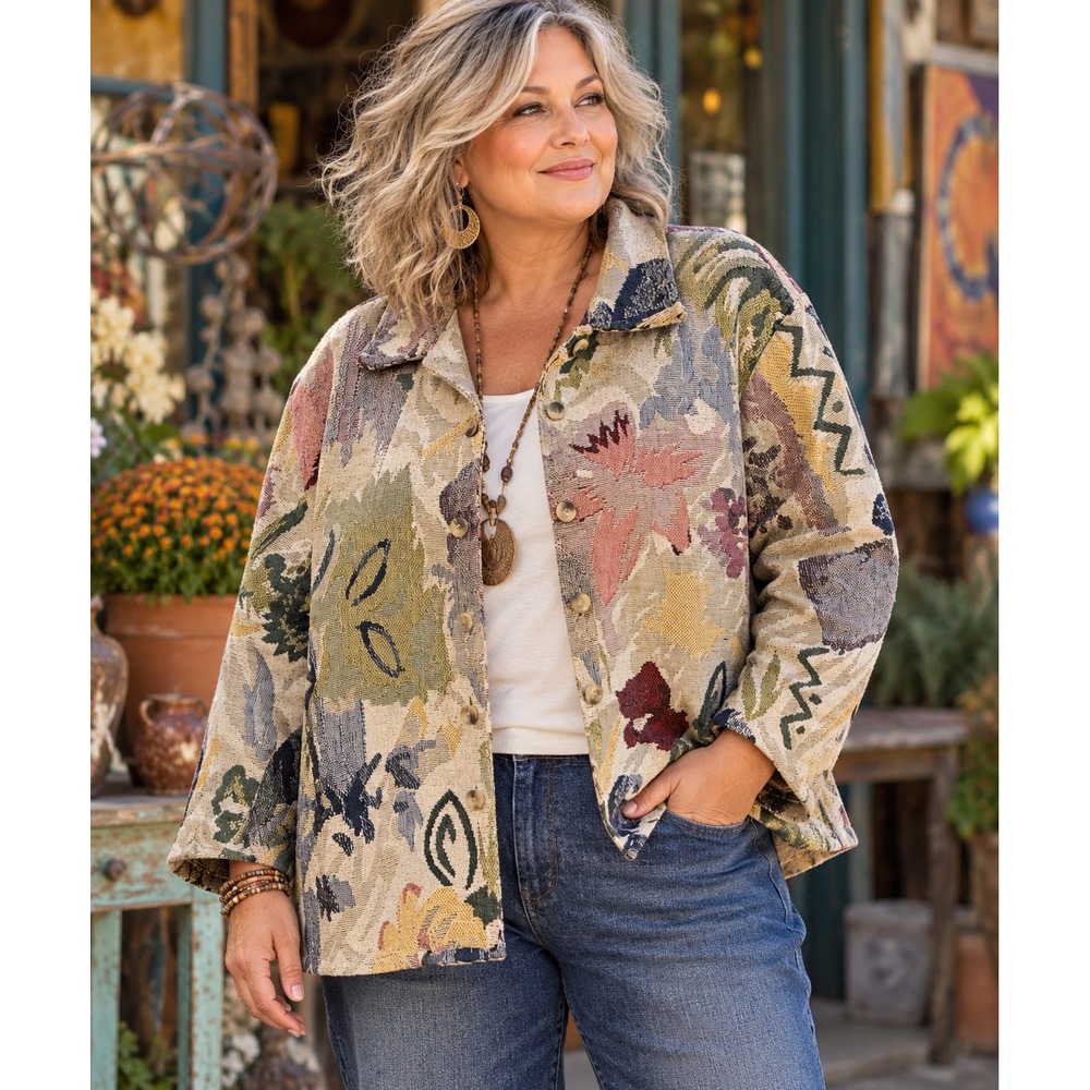 Rachel Brooke 2X Tapestry Jacket Floral Art to Wear Cotton Boho Lagenlook